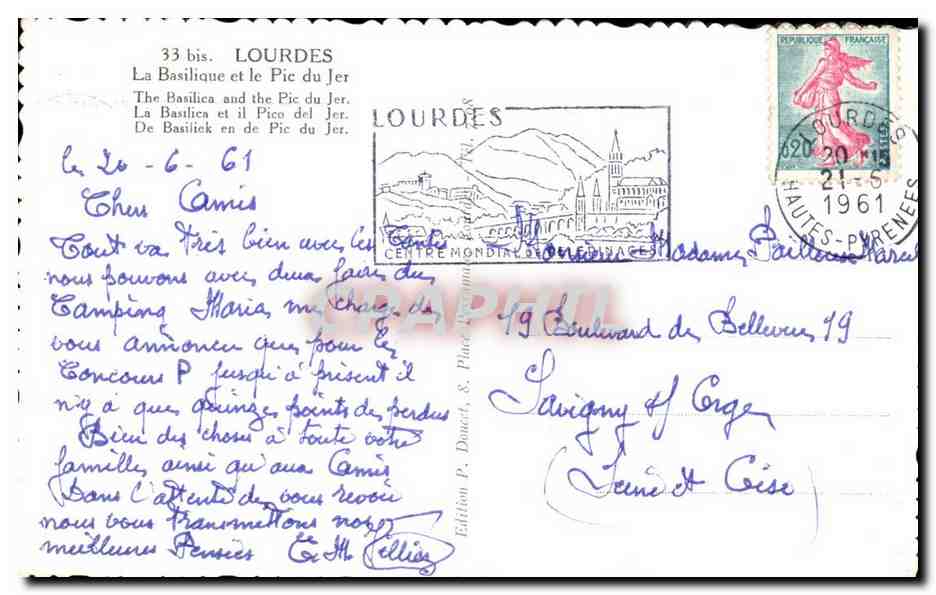 Lourdes CPM La basilique et le pic du Jer (moutons) — Verso