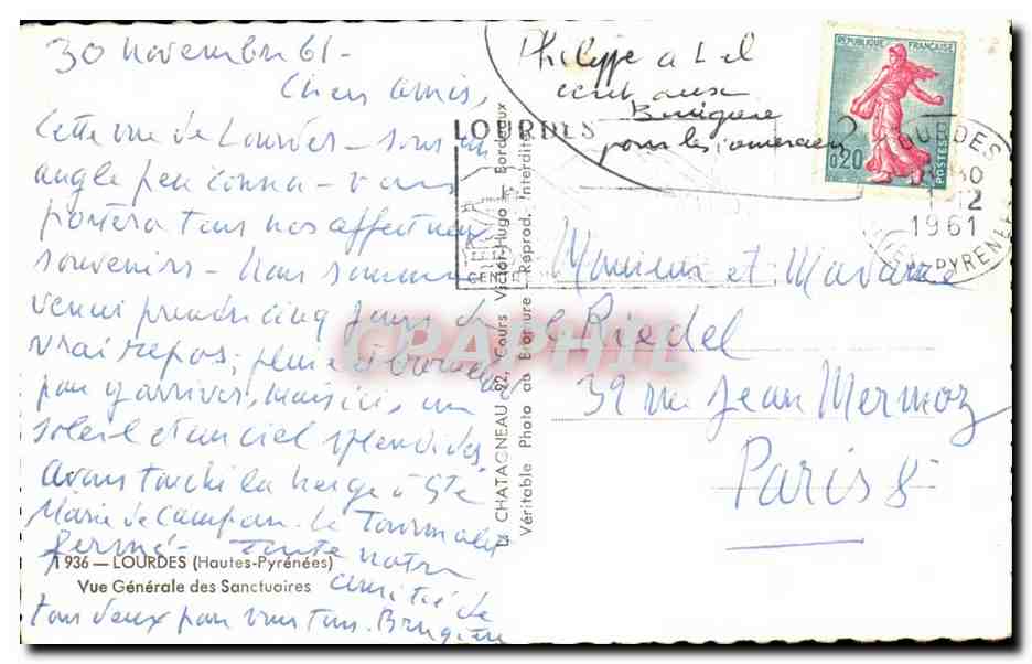 Lourdes — Vue Générale des Sanctuaires — Éditeur Elcés, n° 936 — Verso