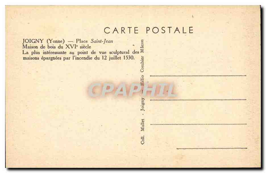 Joigny CPA Place Saint Jean Maison de bois du 16eme  — Rückseite