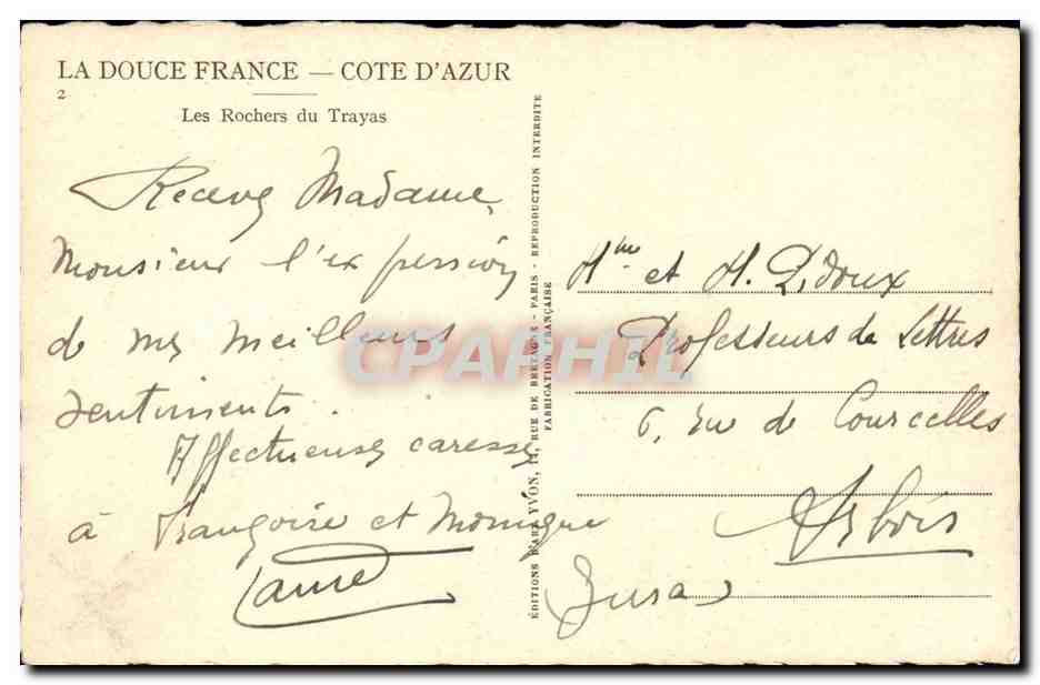 Cote d'azur CPA Les rochers du Trayas — Rückseite