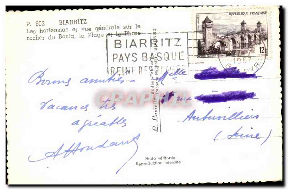 Biarritz CPM Les hortensias et vue generale sur le rocher du Basta la plage et le phare (lighthouse) Flamme Pasy basque  — Verso