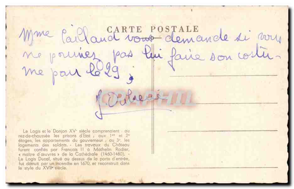 Nantes ancestral CPA Le chateau Le logis ducl — Rückseite