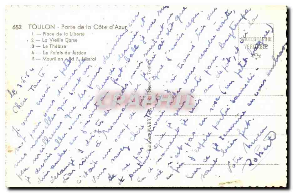Toulon CPM Place de la Liberte La vieille Darse Le Theatre Palais de justice Mourillon — Verso