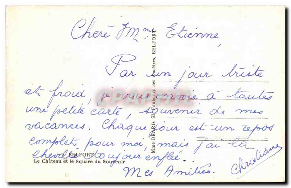 Belfort CPA Le square du souvenir et le chateau — Verso