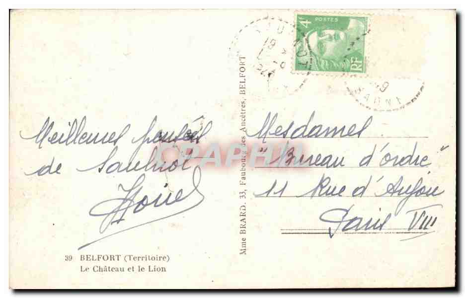 Belfort CPA Le chaetau et le lion Bartholdi  — Verso
