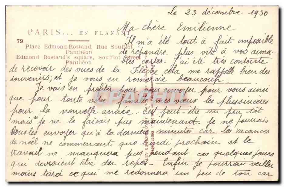 Paris CPA Le pantheon Place Edmond Rostand Rue Soufflot  — Rückseite