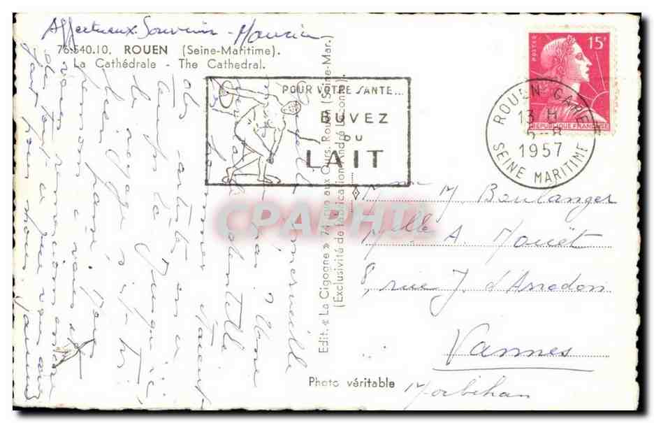 Rouen CPA La cathedrale (flamme Buvez du lait) — Verso