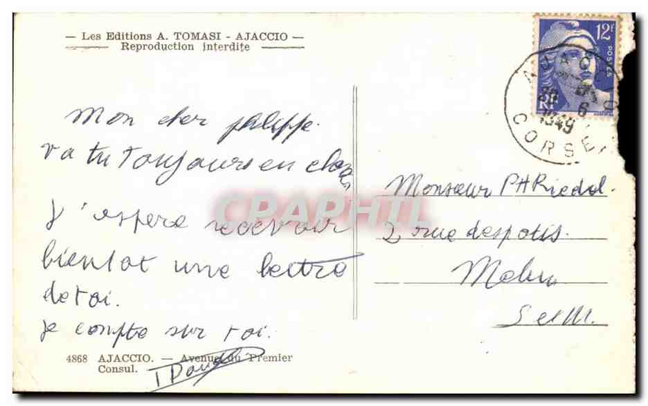 Place centrale avec palmiers et horloge — Ajaccio — Les Editions A. TOMASI — Rückseite