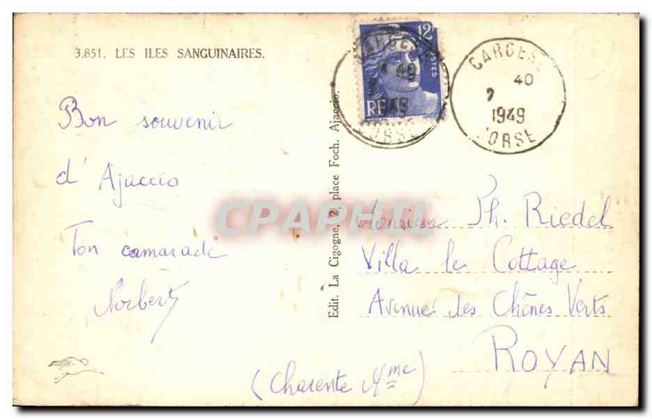 Die Sanguinaria-Inseln — Ajaccio — Verlag La Cigogne, 2 place Foch, Ajaccio — Rückseite