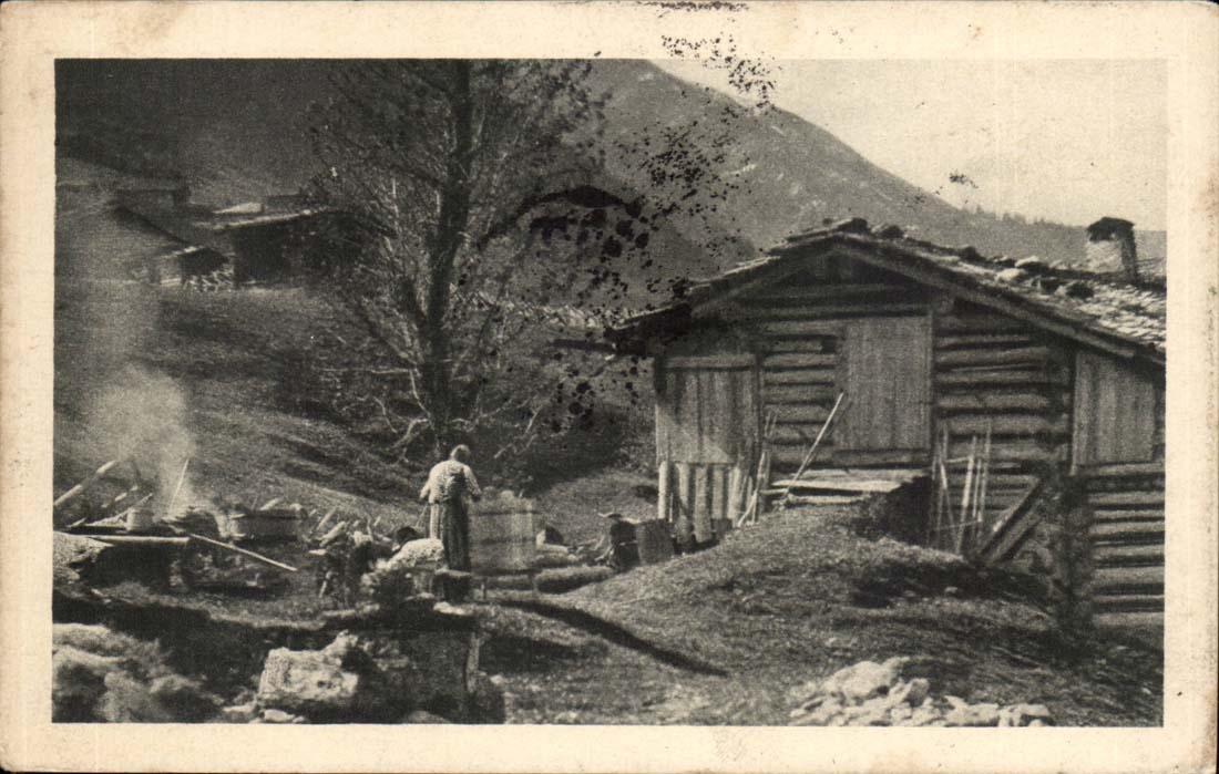 Alpine village scene — log cabin, wood fire smoke — publisher Chocolat Klaus, Mortemart, France