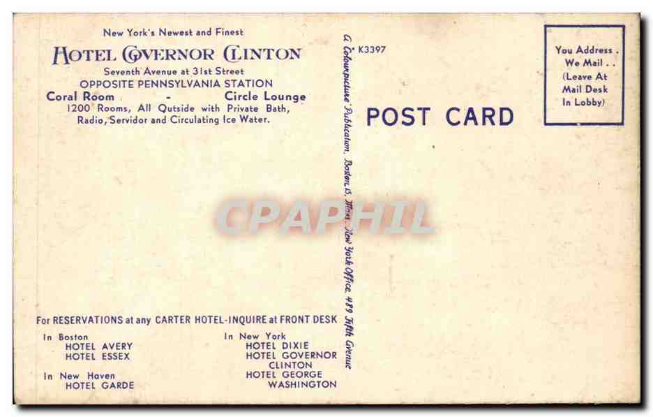 Etats Unis CPA Hotel Governor Clinton Opposite Pennsylvania Station New York — Rückseite
