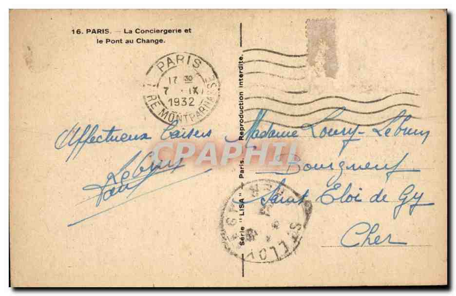 Paris CPA La conciergerie et le pont au change — Rückseite