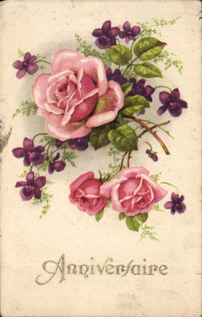 CPA FAntaisie Anniversaire Fleurs Roses