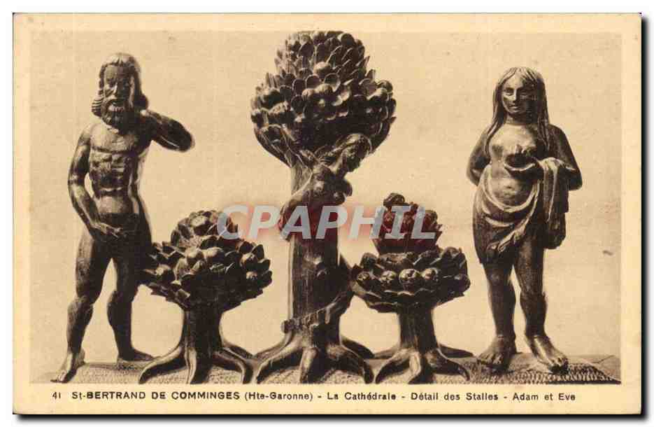 St-Bertrand de Comminges (Haute-Garonne) — Détail des Stalles — Adam et Ève — Édition de la Cathédrale
