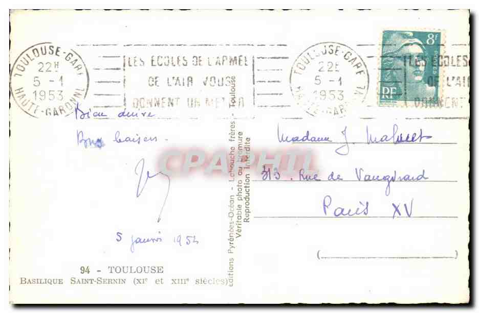 Toulouse CPA Basilique St Sernin (11 et 13eme) — Verso