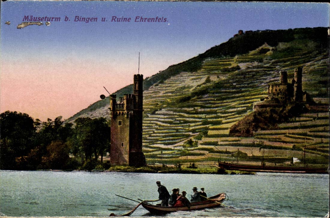 Mäuseturm b. Bingen u. Ruine Ehrenfels — vue du Rhin avec bateau — éditeur CPAPHIL, n° 21787