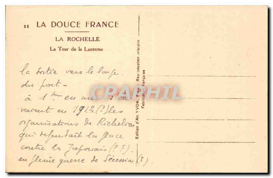 La Rochelle — La Tour de la Lanterne — Édition d'Art YVON — Verso