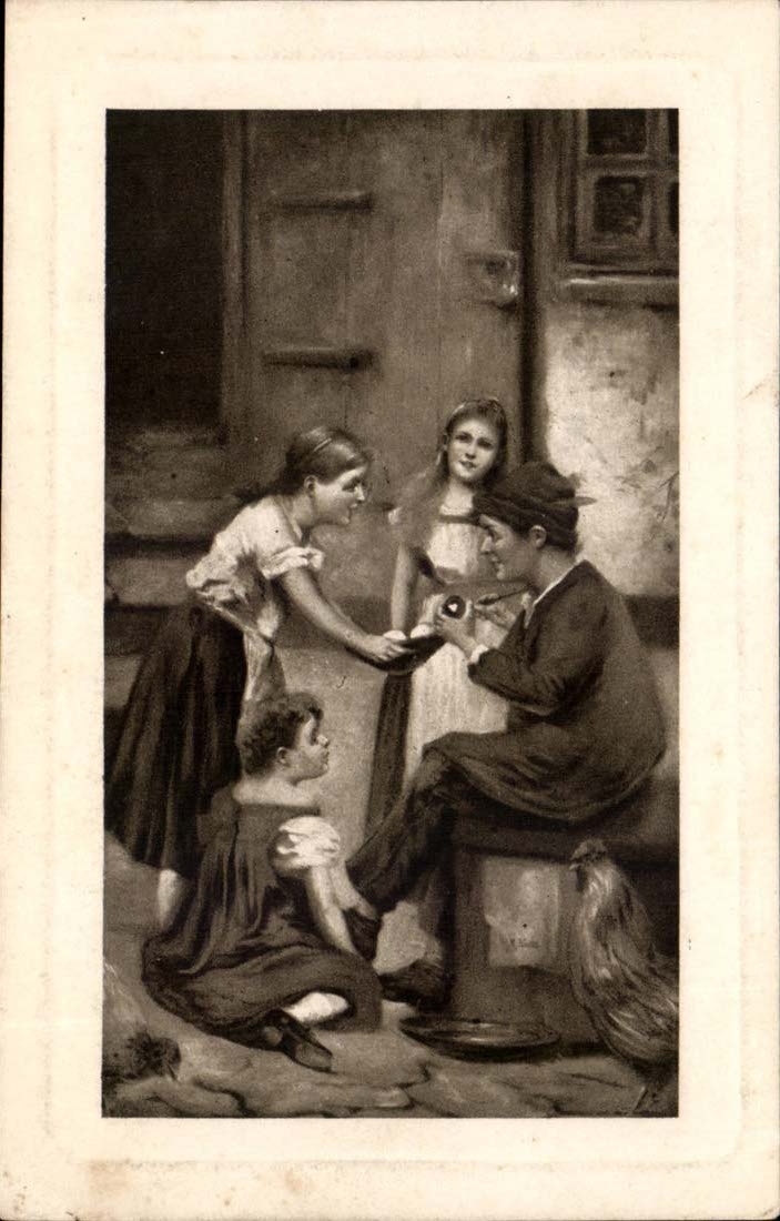 CPA Folklore Peinture Coq et enfants