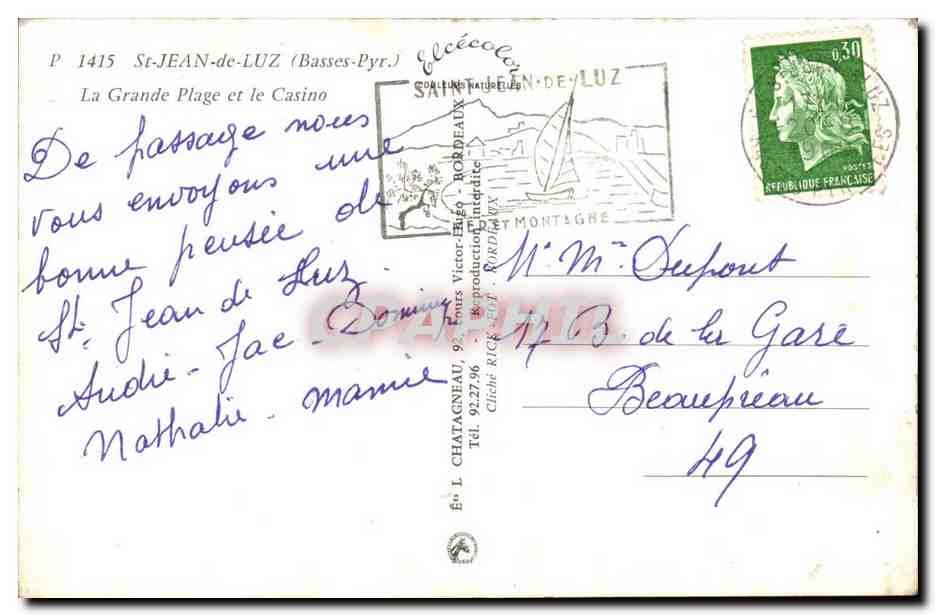 Saint-Jean-de-Luz — La Grande Plage et le Casino — Éditeur Elcé, n° P 1415 — Verso