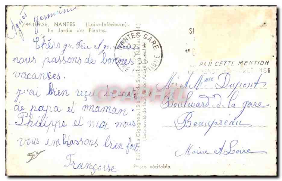 Nantes CPA Le jardin des plantes — Verso