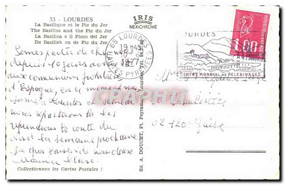 Lourdes CPA La basilique et le pic de Jer — Verso