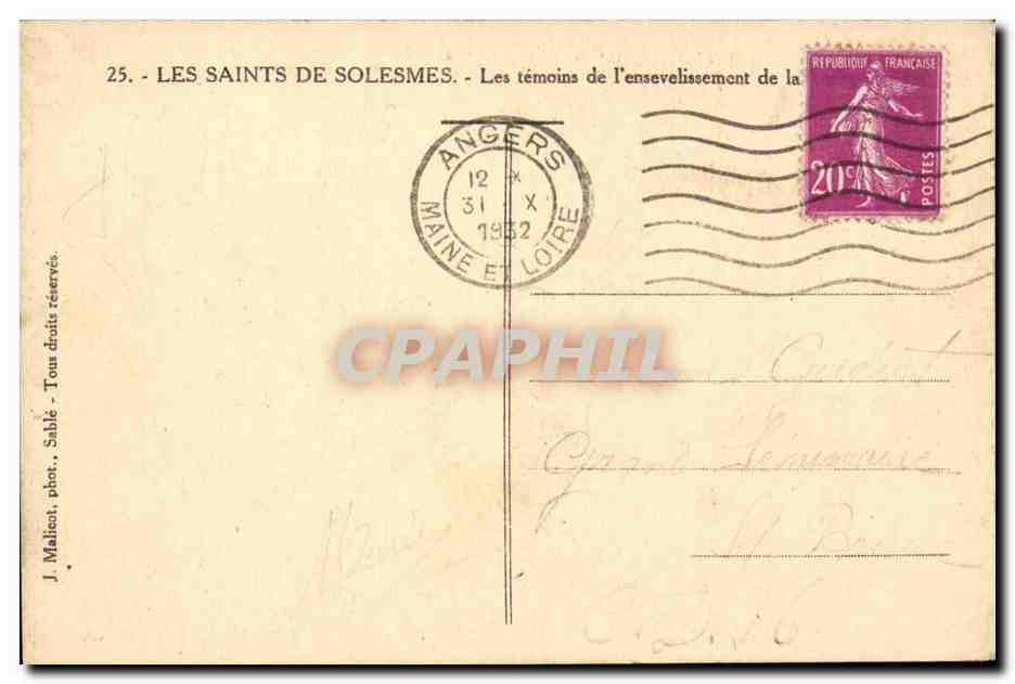 Les Saints de Solesmes CPA Les temoins de l'ensevelissement — Verso