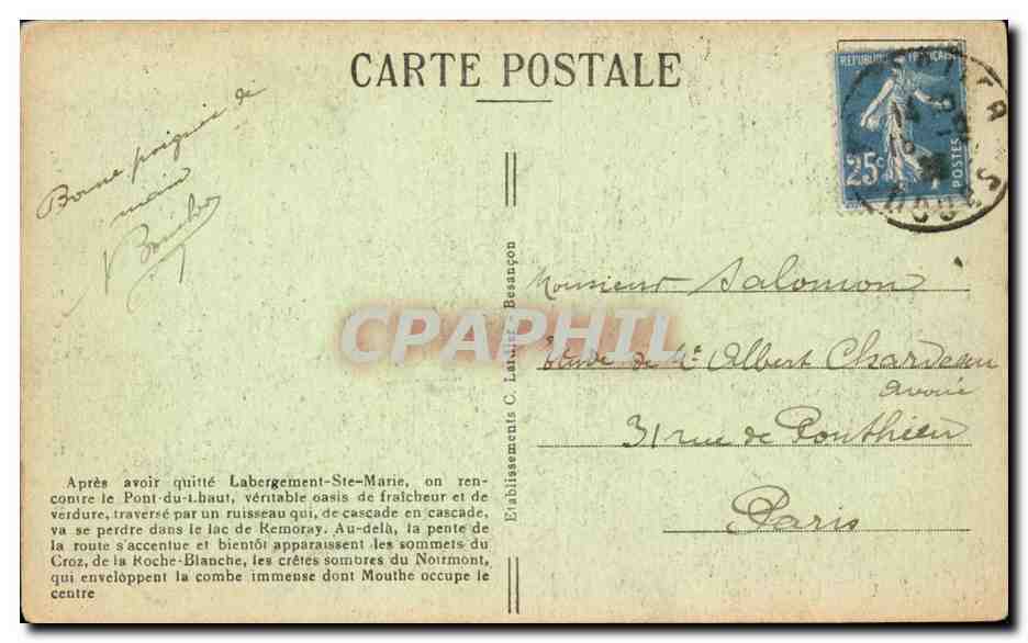 Route de Pontarlier a Moute Pont du Lhaut - CPA  — Rückseite