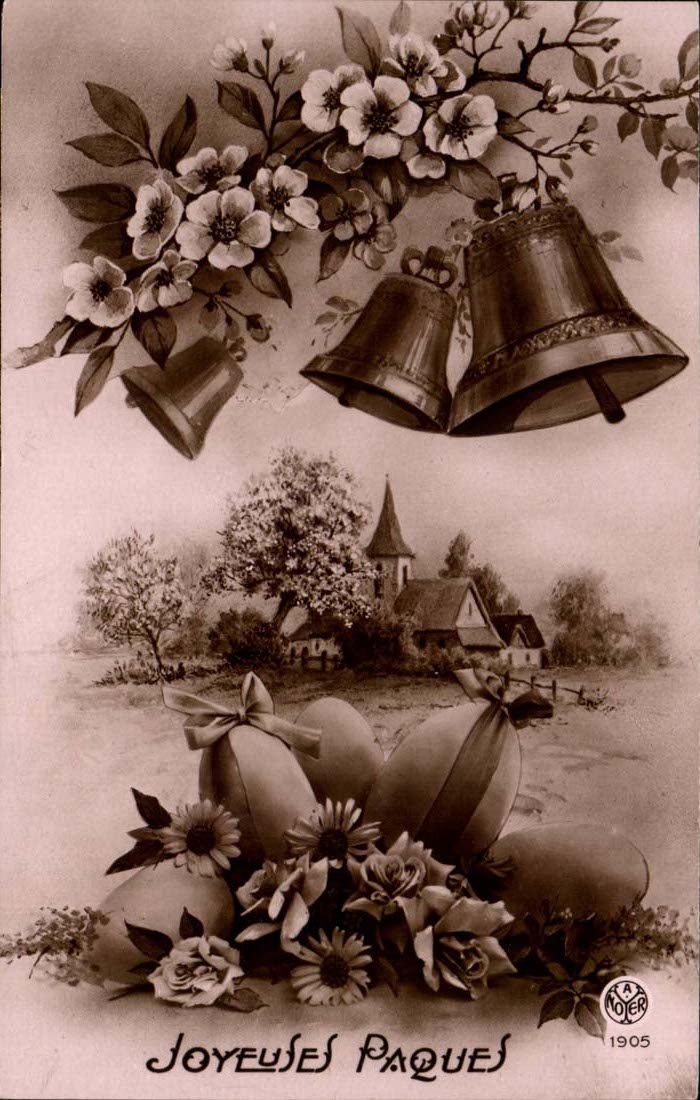 Fantaisie - Paques - Joyeuses Pcque - cloches - oeufs - bells and eggs easter - CPA 