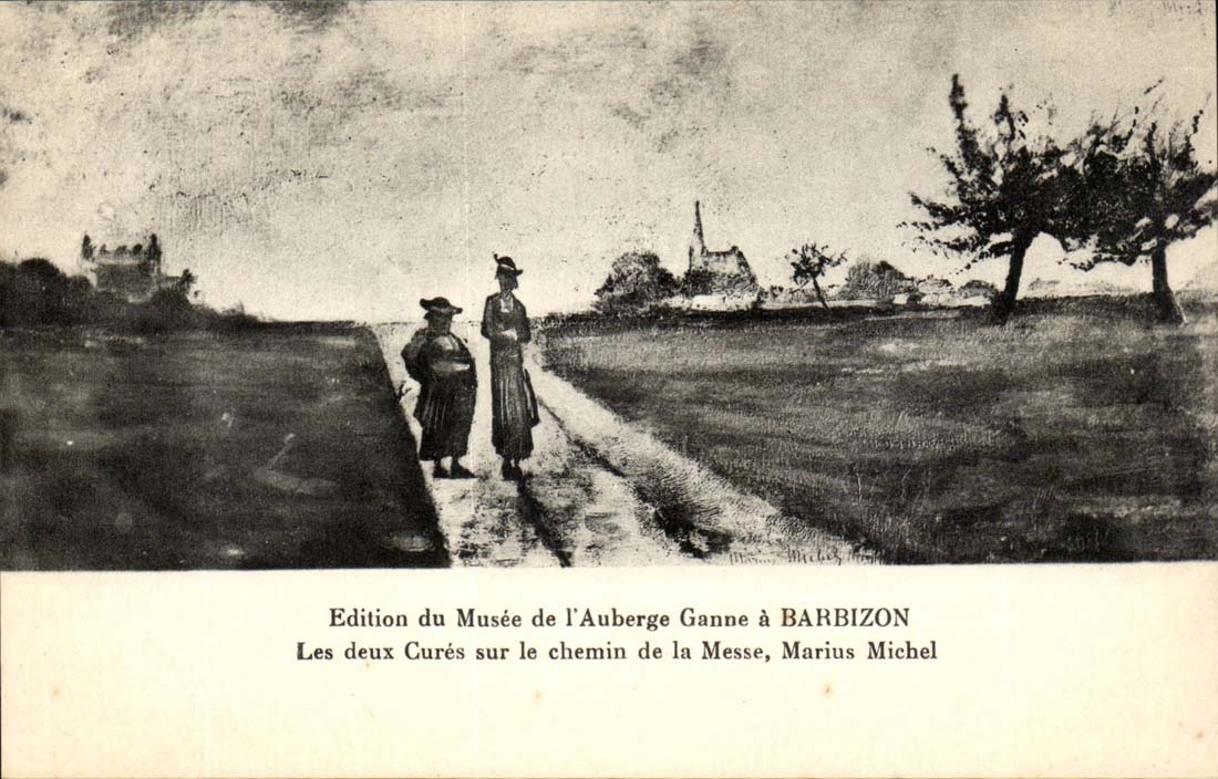 Edition du Musee de l'auberge Ganne a Barbizon CPA Les deux cures sur le chemin de al messe Marius Michel