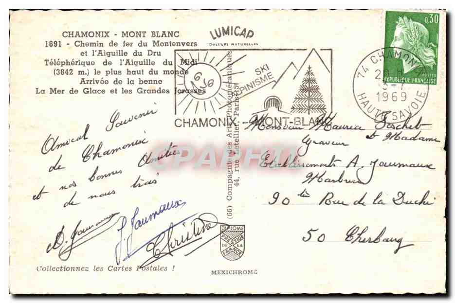 CPA Chamonix Mont Blanc Chemin de fer du Montenvers et l'aiguille du Dru teleferique — Verso
