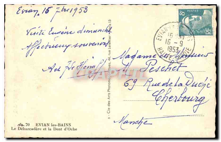 Evian-les-Bains — Le Débarcadère et la Dent d'Ôche — Éditeur : Cle des Arts Photographiques — Verso