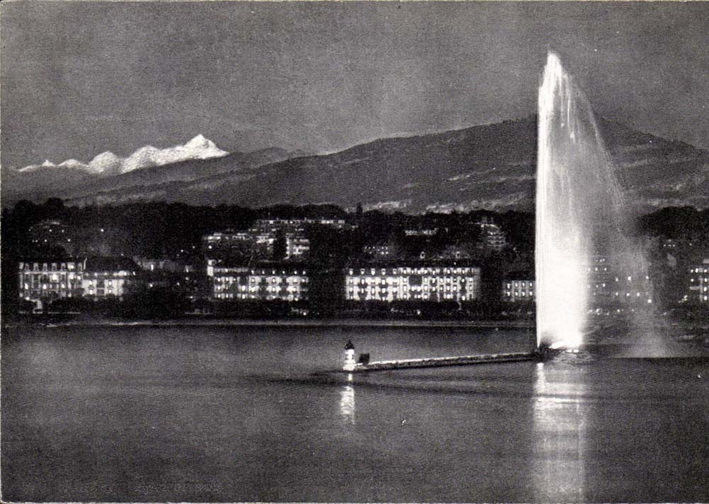 Suisse CPM Geneve de nuit avec le jet d'eau et le Mont Blanc