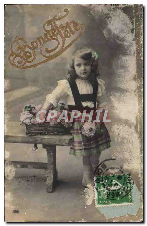 Fantaisie - Enfants - File avec Fleurs - Bonne Fete - Curly headed girl with plaid skirt - CPA 