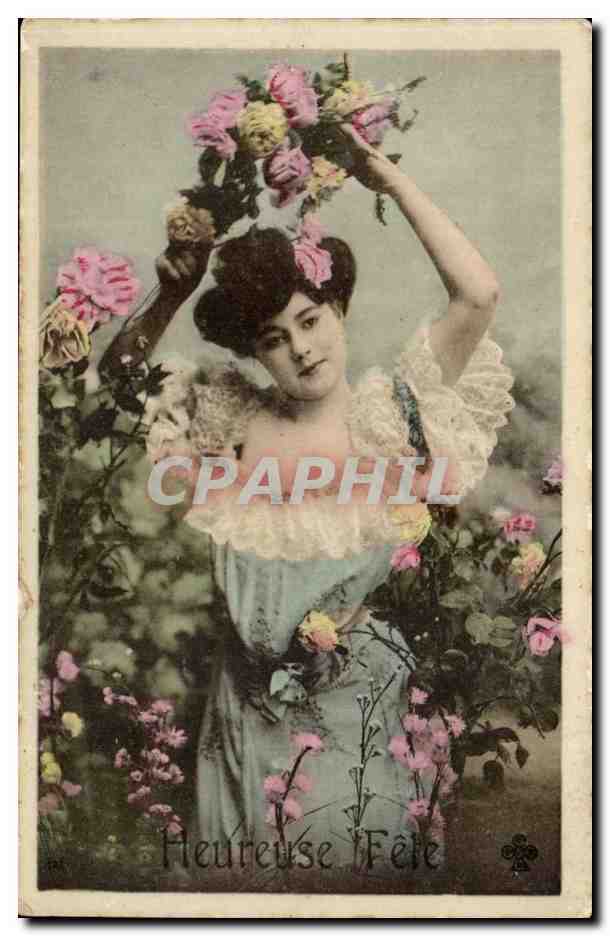 Fantaisie - Heureuse Fete - Femme avec fleurs - CPA 
