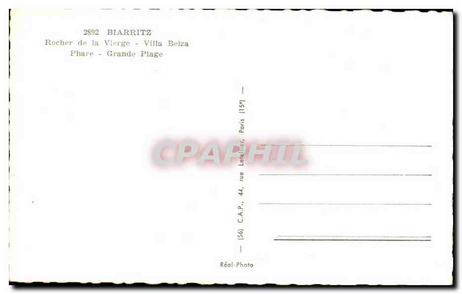 Biarritz CPA Rocher de la vierge Villa Belza Phare Grande plage Lighthouse — Verso