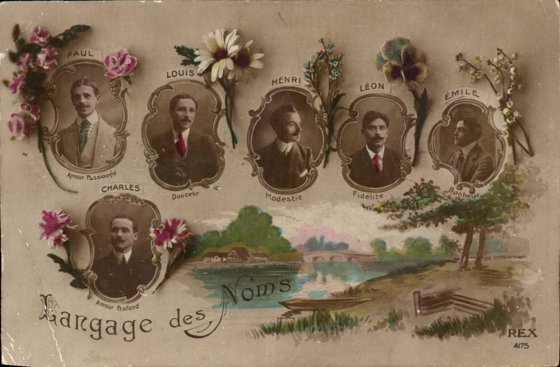 Mariage des Noms — Carte de vœux avec portraits de six hommes — REX 4175