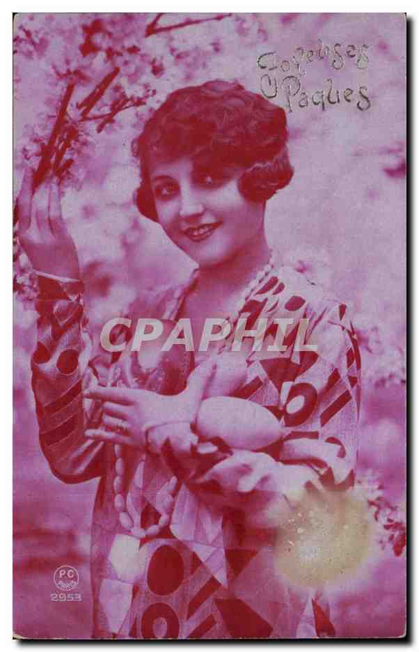 Fantaisie - Joyeuses Paques - Femme et les oeufs - beautiful woman with curly hair - CPA 
