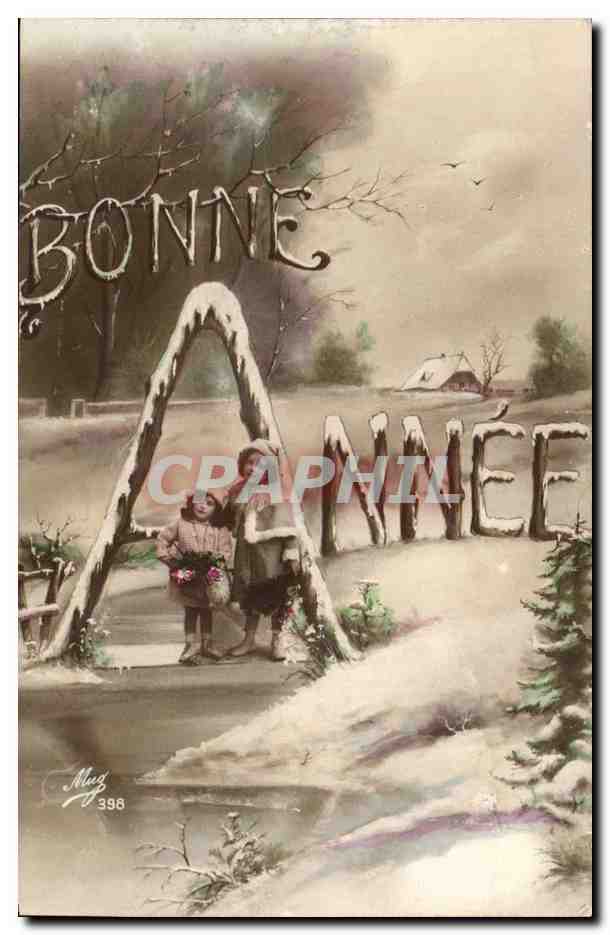 Deux enfants devant une lettre d'années enneigée — Muz 398