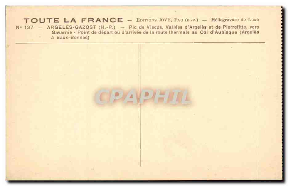 CPA Argeles Gazost Pic de Viscos Vallees d'argeles et de Pierrefitte vers Gavarnie — Verso
