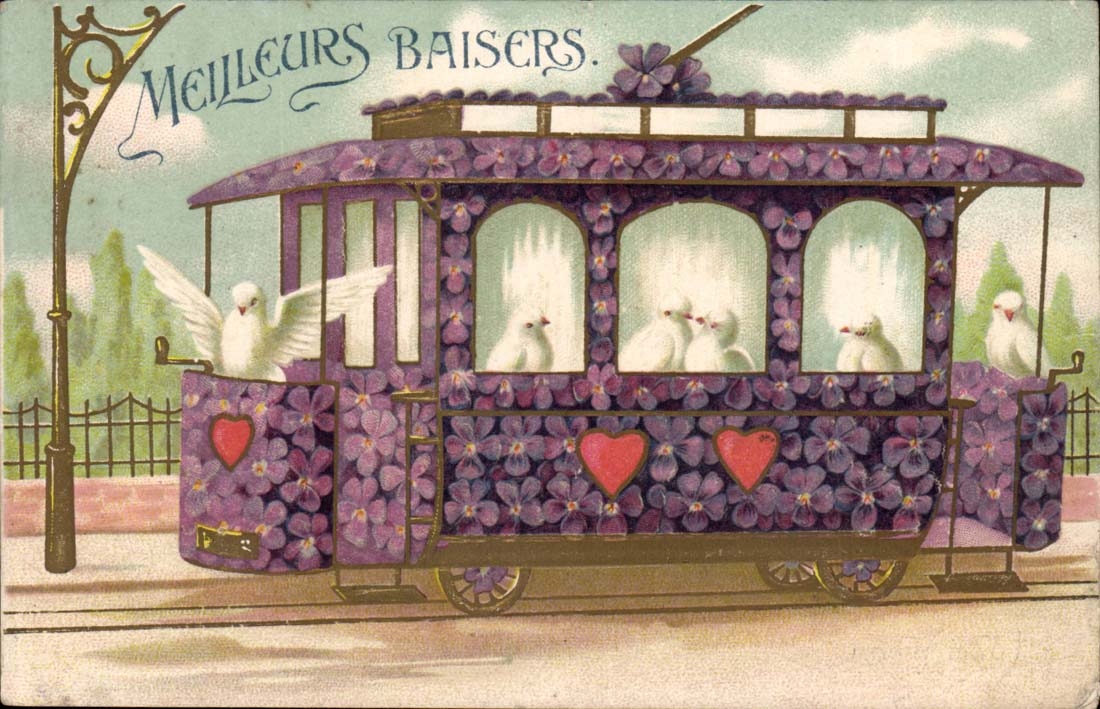 Decorated tramway with violets and doves — Best Kisses — Publisher not visible