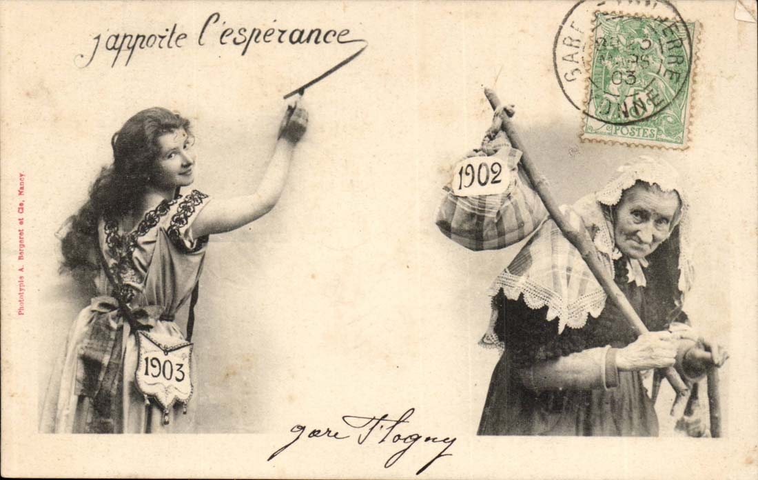 Je rapporte l'espérance — scène de deux femmes avec dates 1902 et 1903 — Phototypie A. Bergéret et Cie, Nancy