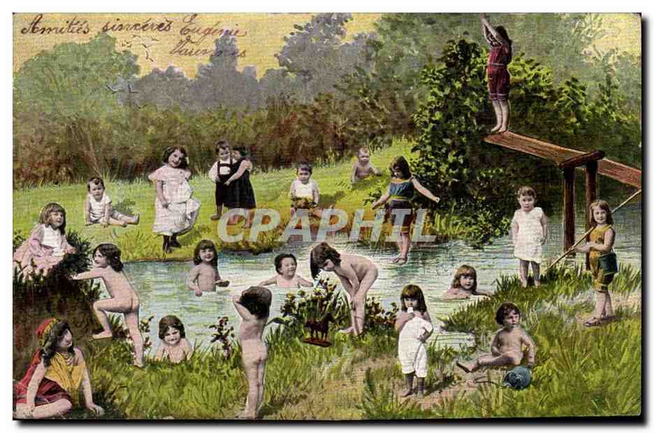 Fantaisie - Enfants - Amities Sinscere Eugene - children playing at the riverside - CPA 