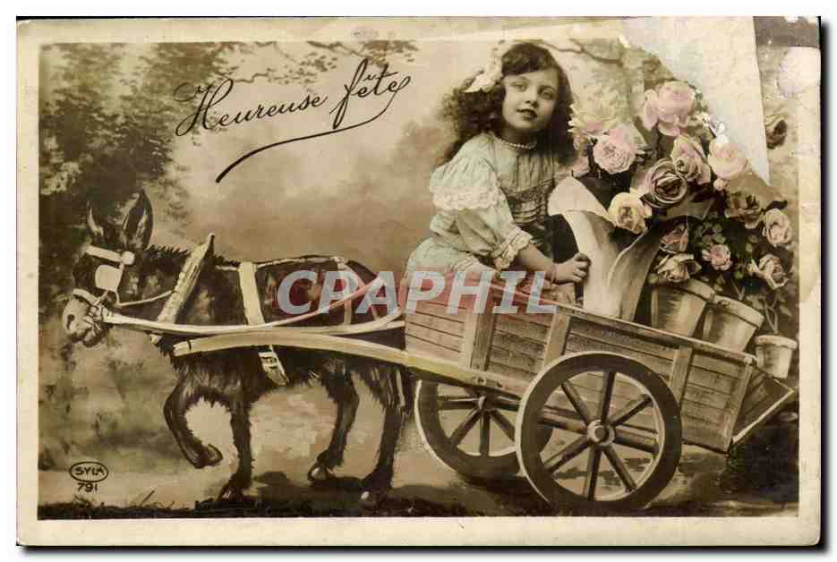 Fantaisie - Enfants - ane - donkey driven cart with adorable little girl - CPA 