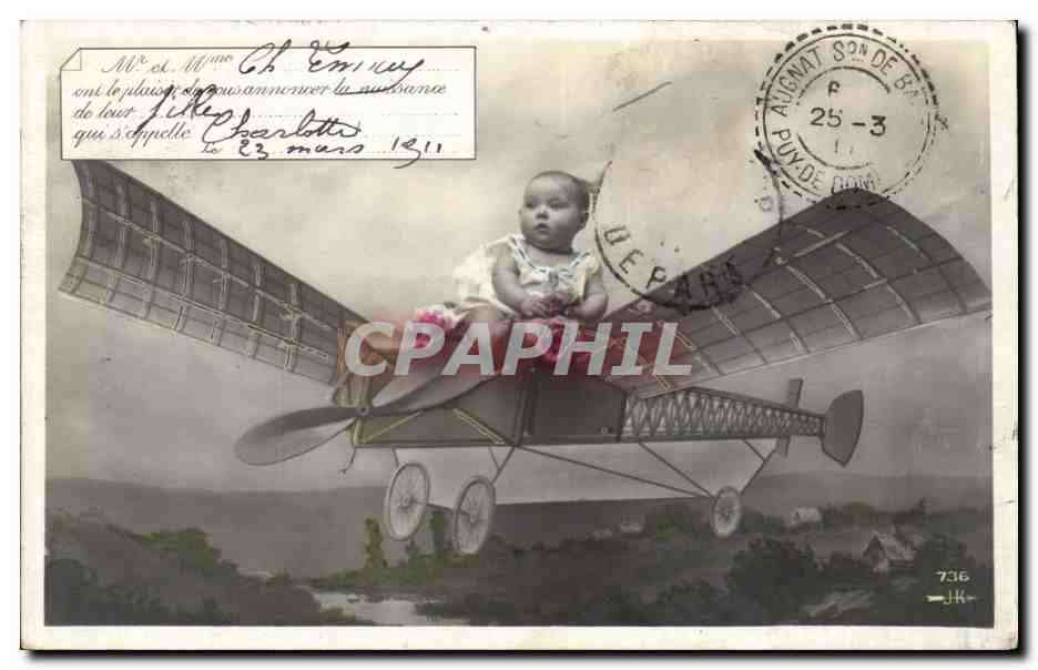 Fantaisie - bebe - Charlotte - avion - 1911 - CPA 