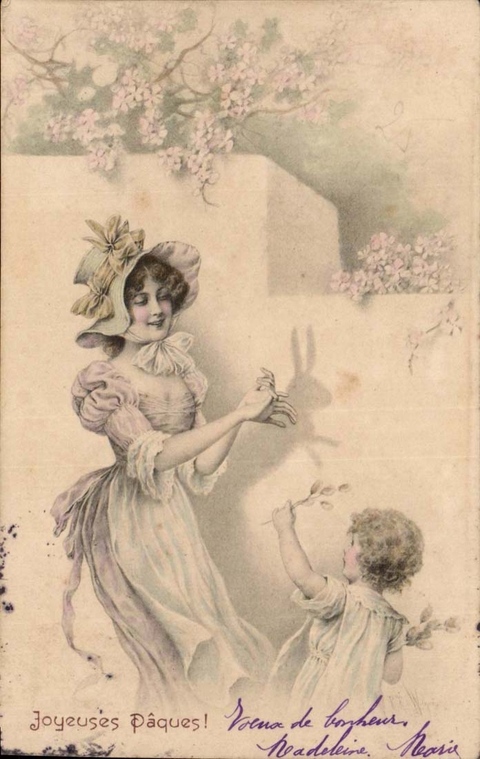 Femme et enfant jouant avec un lapin — éditeur M. M. Vienne, n° 213