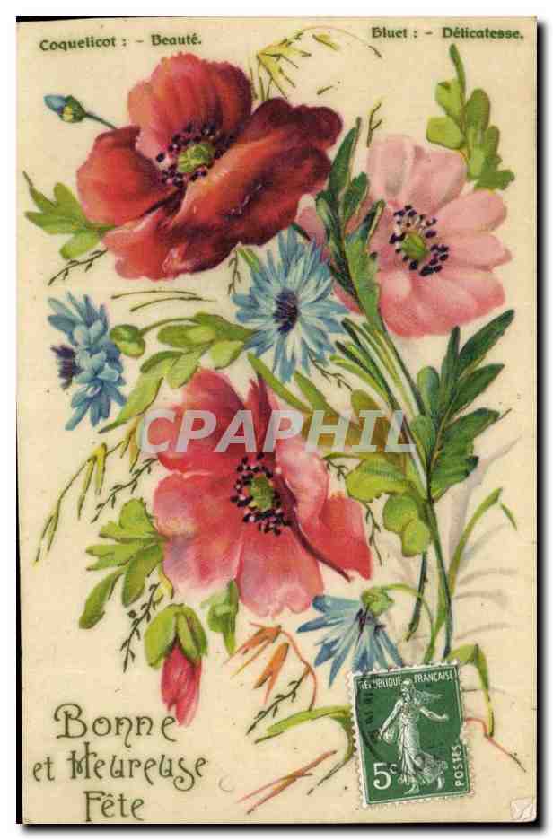 Fantaisie - Fleurs - Coquelicot - Bluet Bonne et Heureuse Fete - CPA 