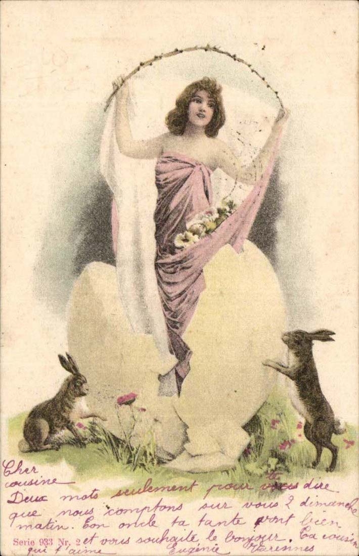 Fantaisie - Femme - Paques - lapin - Woman hatching from easter eggs rabbits - CPA 