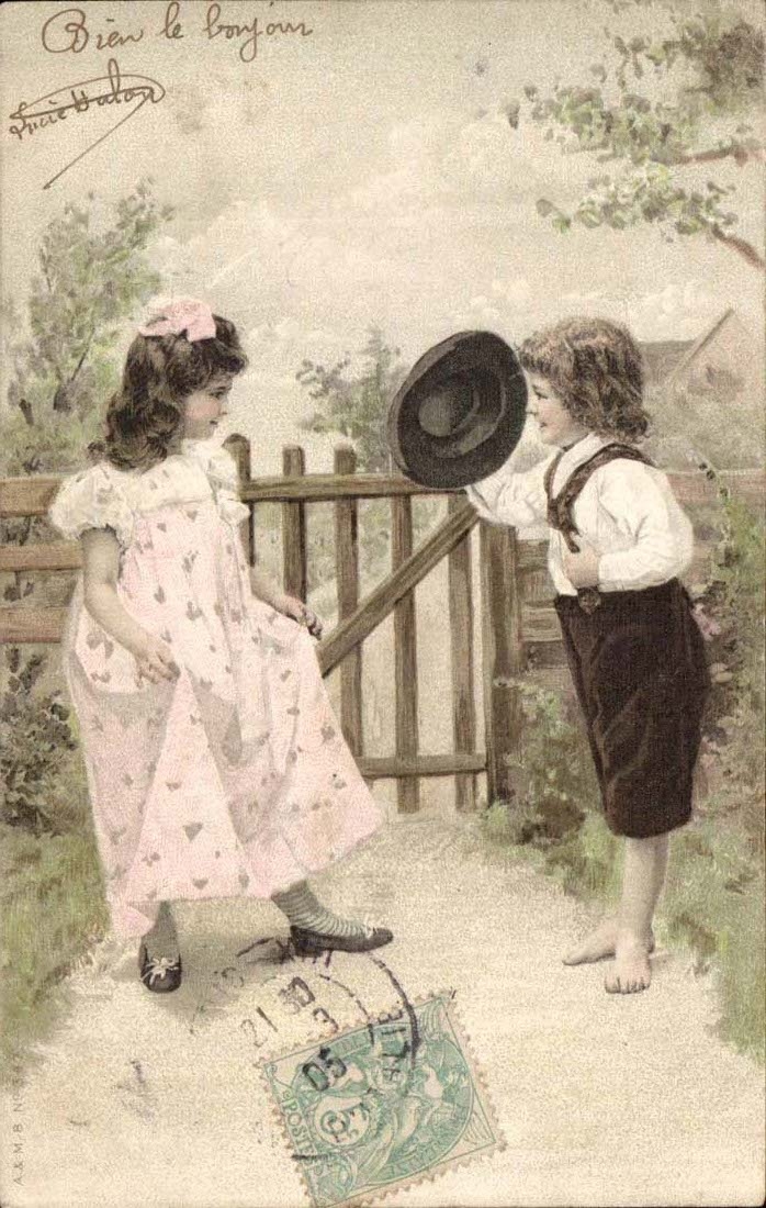 Fantaisie - Enfants - Children greeting each other - CPA 