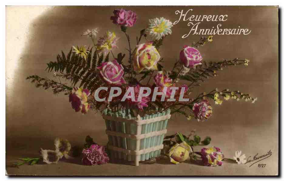 CPA FAntaisie Heureux anniversaire Fleurs