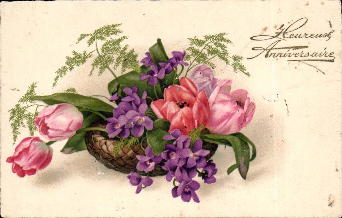 CPA FAntaisie Heureux anniversaire Fleurs